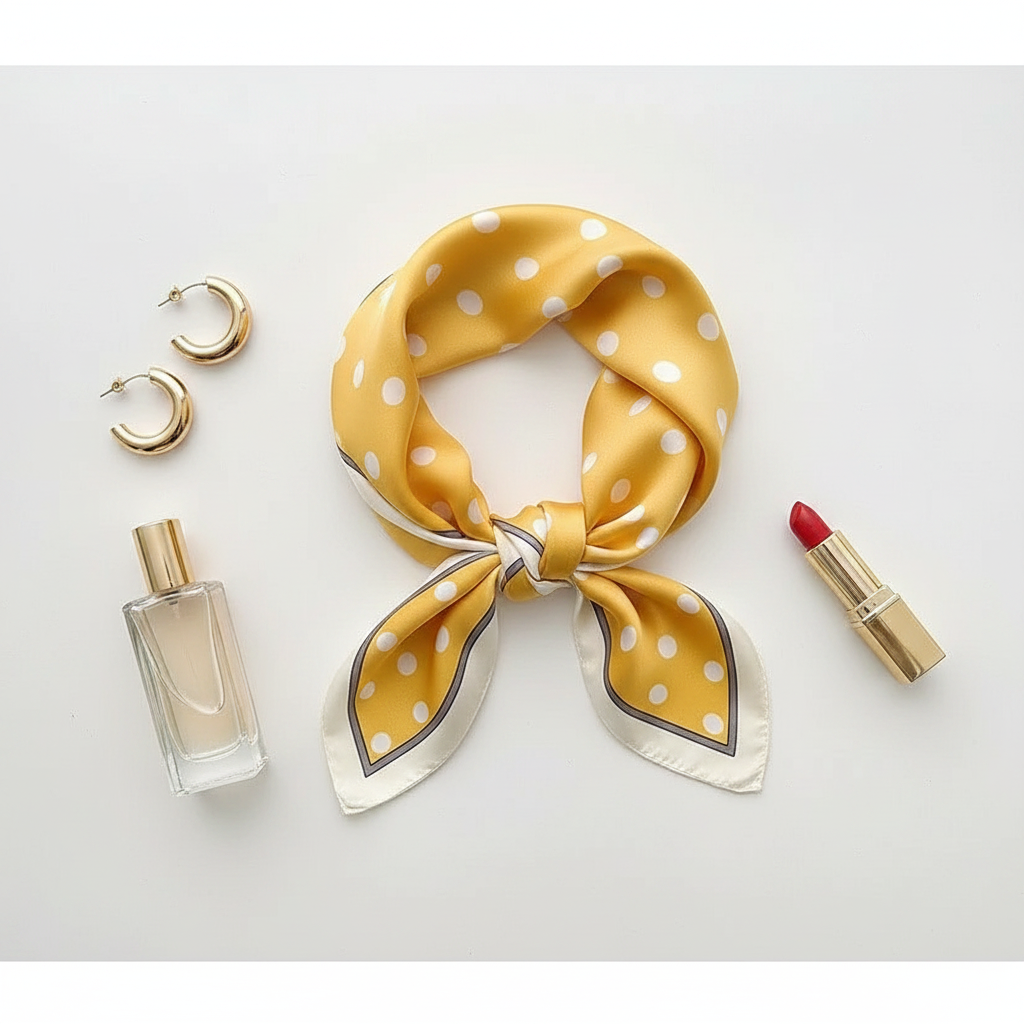 Yellow polka dot scarf flat-lay