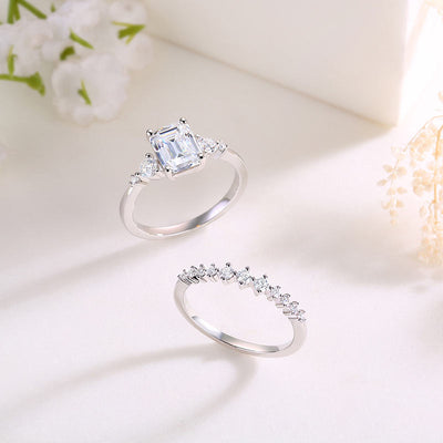 2 Carat Emerald Cut Genuine Moissanite Diamond Ring Set - Hautefull