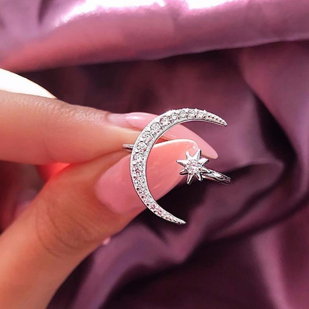 925 silver crescent moon ring adjustable