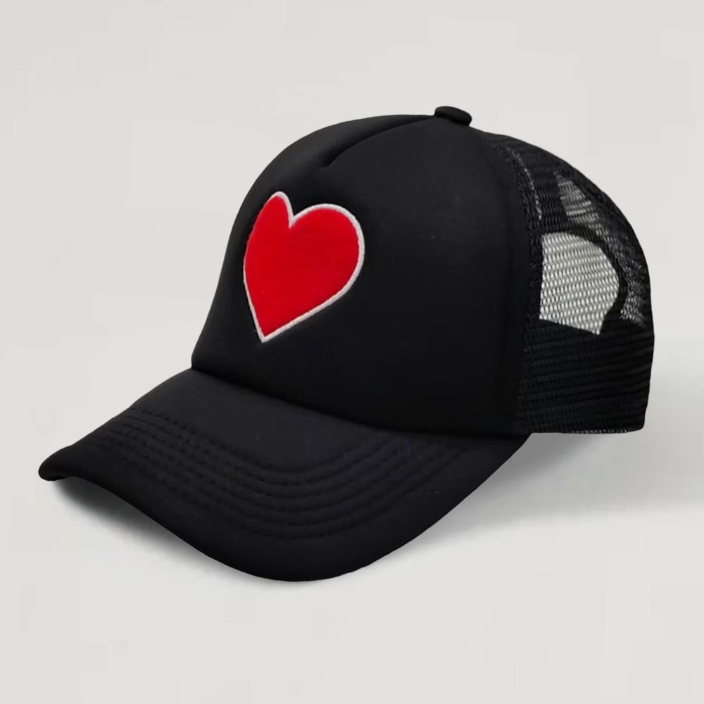 Embroidered Heart Mesh Baseball Cap Black - Hautefull