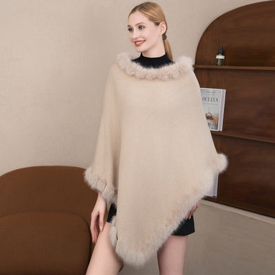 Faux Fur Accented Solid Poncho - Hautefull