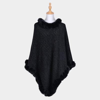 Faux Fur Accented Solid Poncho - Hautefull
