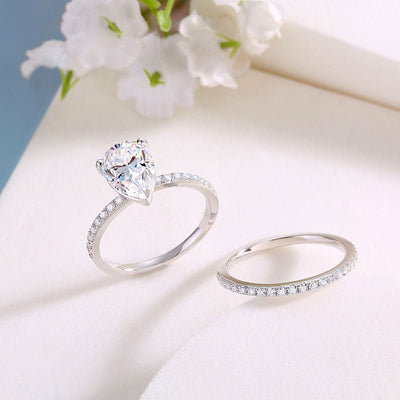 Halo Pear Two Band Pave Moissanite Engagement Ring - Hautefull