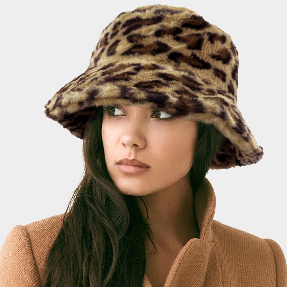 Leopard Print Faux Fur Bucket Hat - Hautefull